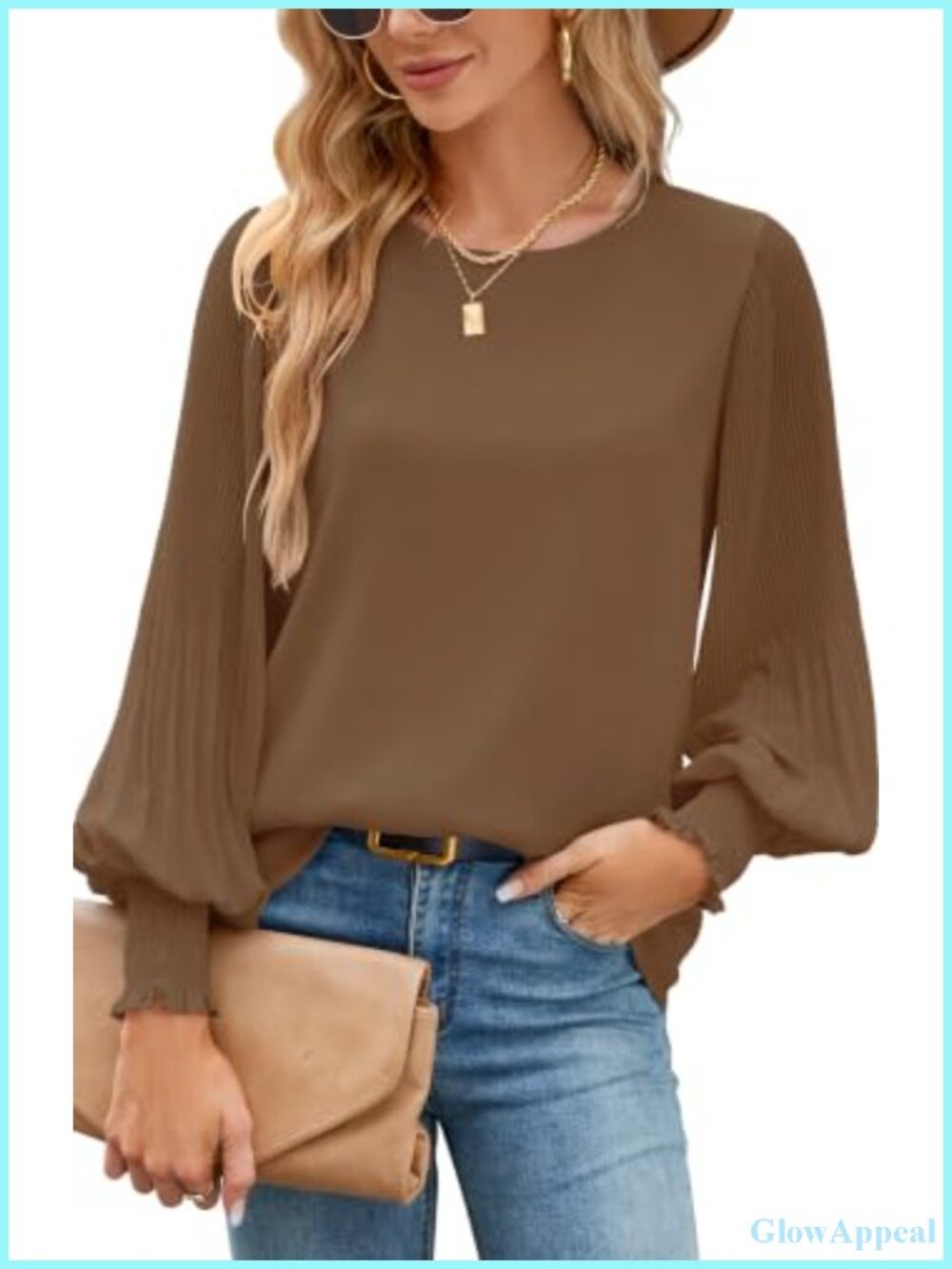 Womens Chiffon Blouse Pleated Long Sleeve Crew Neck Dressy Top